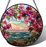 Stained Glass Window Hanging, Purple Flower Landscape Wreath Sun Catcher for Door Home Decor Plants Flowers Suncatcher Christmas Mother's Day Birthday Gifts for Women Men Mom Nana 6.3 in