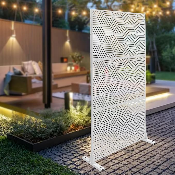 Metal Privacy Screen, 72" H x 36" W Freestanding Privacy Screens, Patio Decorative Metal Fence Panels with Stand, Portable Divider Screens, for Backyard/Patio/Deck (White-Rhombic, 72''H×36''W)