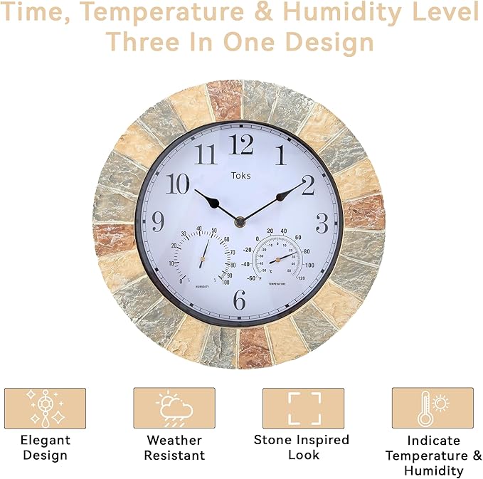 Lily's Home Hanging Wall Clock, Includes a Thermometer and Hygrometer and is Ideal for Indoor and Outdoor Use, Wonderful Housewarming Gift for Friends, Faux-Stone (13 Inches)