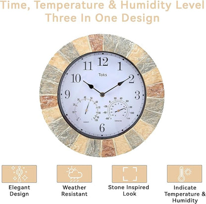 Lily's Home Hanging Wall Clock, Includes a Thermometer and Hygrometer and is Ideal for Indoor and Outdoor Use, Wonderful Housewarming Gift for Friends, Faux-Stone (13 Inches)