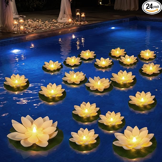 24PCS Lotus Floating Pond Lights, Warm LED LightsWaterproof Battery Powered, Floating Flowers for Pool Weddings Gardens Pond Parties Outdoor Decorations (White, 6", 4")