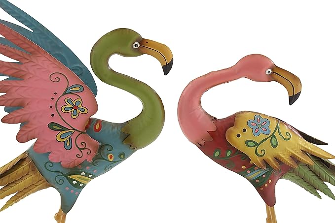 Deco 79 Metal Flamingo Decorative Garden Sculpture Indoor Outdoor Embossed Standing Garden Statues with Coiled U Shaped Feet, Set of 2 Outdoor Sculptures 28", 32"H, Multi Colored