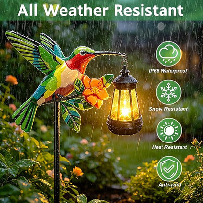 2 Pack Solar Garden Statue Figurine with Solar Lanterns Outdoor Waterproof, Green Hummingbird Hanging Solar Light, Solar Path Light Yard Art, Outside Patio Garden Decor Best Gift for Mom Grandma Women
