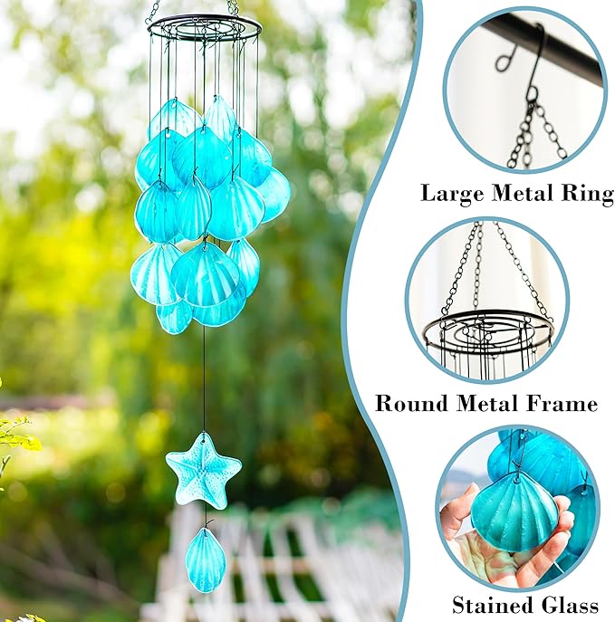 Stained Glass Wind Chimes for Outside,Handmade Large 25 inch Memorial Windchimes Outdoor,Sea Glass Decor for Patio Garden Balcony Porch (Shell & Starfish)