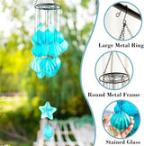 Stained Glass Wind Chimes for Outside,Handmade Large 25 inch Memorial Windchimes Outdoor,Sea Glass Decor for Patio Garden Balcony Porch (Shell & Starfish)