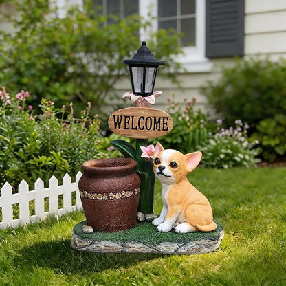 20" Solar Chihuahua Garden Statue with Welcome Sign & Planter - Large Dog Sculpture with LED Street Lantern - Weatherproof Resin Decorative Flower Pot for Porch, Yard & Patio - Pet Lover Gift