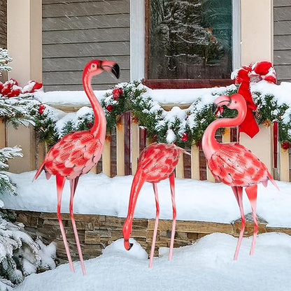 3 Pcs Pink Flamingo Garden Statues, Metal Flamingo Birds Yard Art Outdoor Statue for Home Patio Lawn Balcony Backyard Decor