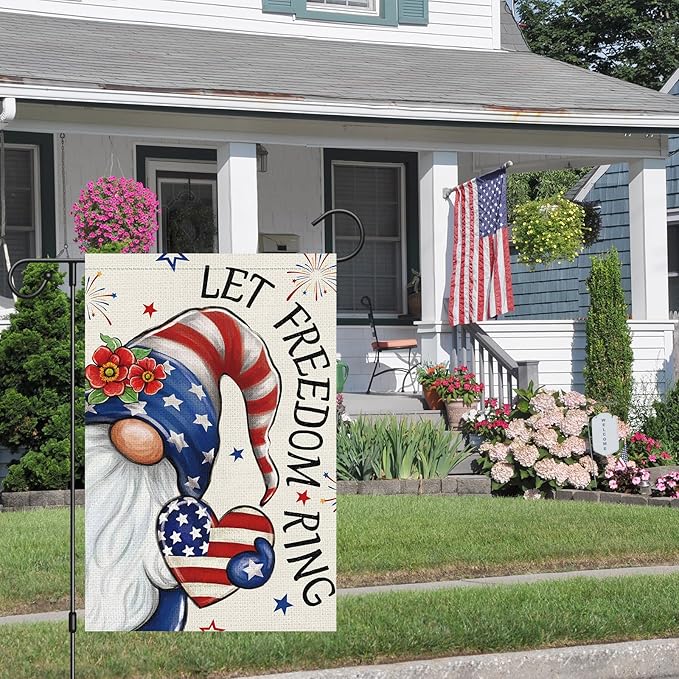 Heyfibro Let Freedom Ring Gnome Patriotic Garden Flag 12x18 Double Sided Burlap, 4th Of July Fireworks Red Flower Heart Pattern Yard Flags for Rustic Independence Day Outdoor Decor (ONLY FLAG)