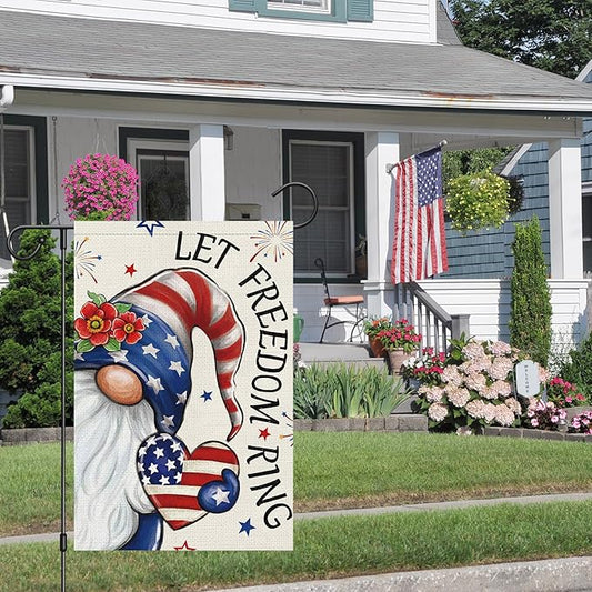 Heyfibro Let Freedom Ring Gnome Patriotic Garden Flag 12x18 Double Sided Burlap, 4th Of July Fireworks Red Flower Heart Pattern Yard Flags for Rustic Independence Day Outdoor Decor (ONLY FLAG)