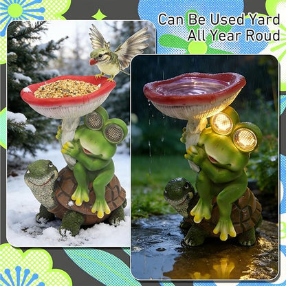 Funny Solar Garden Statues 10'' Frog Turtle with Mushroom Bird Feeder and Eyes LED Lights - Lawn Decor Outdoor Statues for Patio Balcony Yard Ornament - Unique Gardening Gifts for Women Grandma Mom.