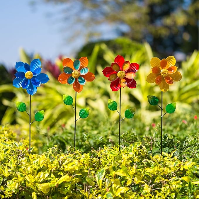 4 Pcs Wind Spinners Outdoor, Small Metal Flower Windmill, Colorful Pinwheels Decorative Floral Garden Stakes for Yard Patio Lawn Garden Decor, 27 x 6 Inches