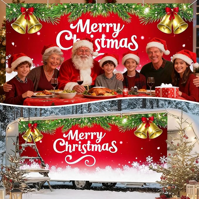 IVN Merry Christmas Happy New Year Garage Door Banner 13x6 ft Christmas Garage Door Cover Wnter Scene Background Indoor Outdoor Red Bells Bows Snowflake Pine Holiday Decorations for Home and Events Wall Backdrop Decor