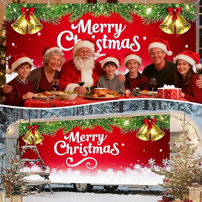 IVN Merry Christmas Happy New Year Garage Door Banner 13x6 ft Christmas Garage Door Cover Wnter Scene Background Indoor Outdoor Red Bells Bows Snowflake Pine Holiday Decorations for Home and Events Wall Backdrop Decor