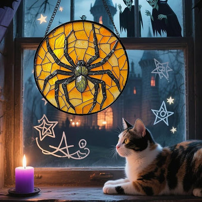 Stained Glass Window Hanging - Halloween Decorations Black Spider Suncatcher for Doors Garden Indoor Spooky Funny Sun Catchers Gothic Decor Horror Gifts for Women Men Friend 6.3 in