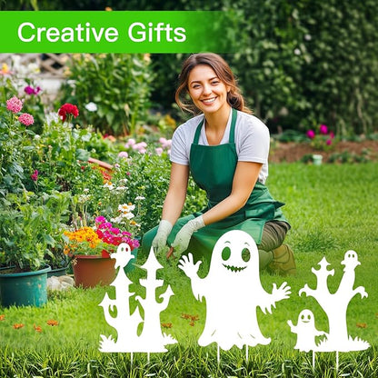 Halloween Decorations White Ghost,Metal Decorative Garden Stakes for Women/Men, Ghosts Silhouette Statues Decor for Yard Art,Patio,Backyard,Outdoor,Forests,Lawn Ornaments