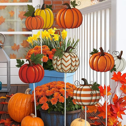 Shimeyao 6 Pcs Metal Thanksgiving Fall Pumpkin Garden Stakes Harvest Metal Garden Signs 12 Inch Pumpkin Autumn Yard Stakes Outdoor Decor for Home Lawn Porch Holiday Front Backyard
