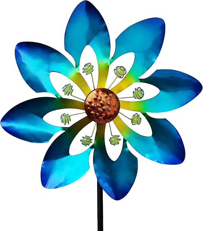COOZZYHOUR Outdoor Metal Flower Wind Spinners,36 Inch Blue Flower Windmill with Stake,Pinwheels for Yard Lawn Patio and Garden Decor-Blue