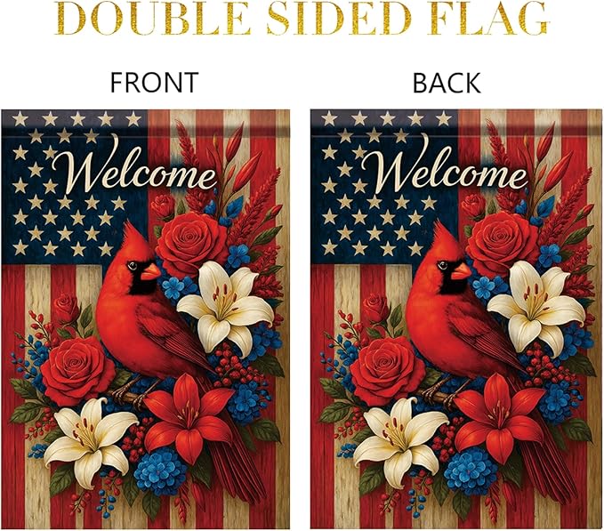 Spring Summer Garden Flag 12x18 Inch Patriotic Cardinal Welcome American Outdoor Floral Bird Design Outdoor Yard Porch Lawn for Seasonal Americana Farmhouse Home Decor