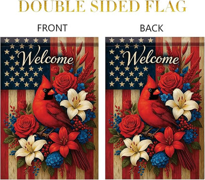 Spring Summer Garden Flag 12x18 Inch Patriotic Cardinal Welcome American Outdoor Floral Bird Design Outdoor Yard Porch Lawn for Seasonal Americana Farmhouse Home Decor