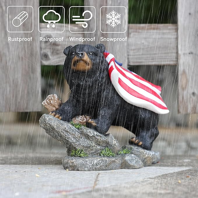 Suyorpe Bear Solar Lights Outdoor Statue - Garden Black Bear with Light up American Flag Solar Animals Outdoor Waterproof Decor for Patio,Porch,Balcony,Yard,Lawn