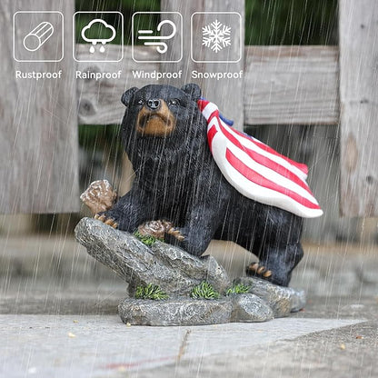 Suyorpe Bear Solar Lights Outdoor Statue - Garden Black Bear with Light up American Flag Solar Animals Outdoor Waterproof Decor for Patio,Porch,Balcony,Yard,Lawn