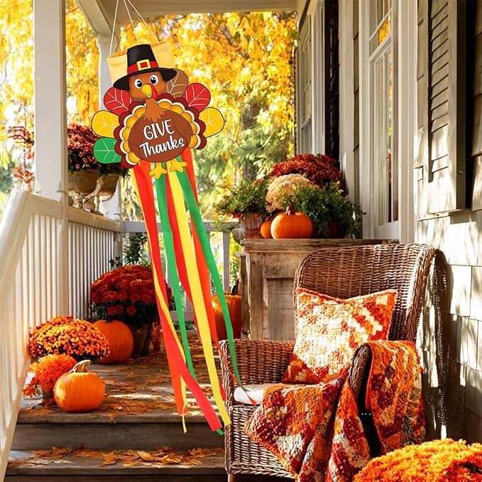 Thanksgiving Turkey Windsock with Streamers Thanksgiving Decorations Outdoor Hanging Decor for Fall Garden Flag Holiday Party Home Tree Lawn Patio Window Yard Wall Balcony Riband Wind Sock Colorful