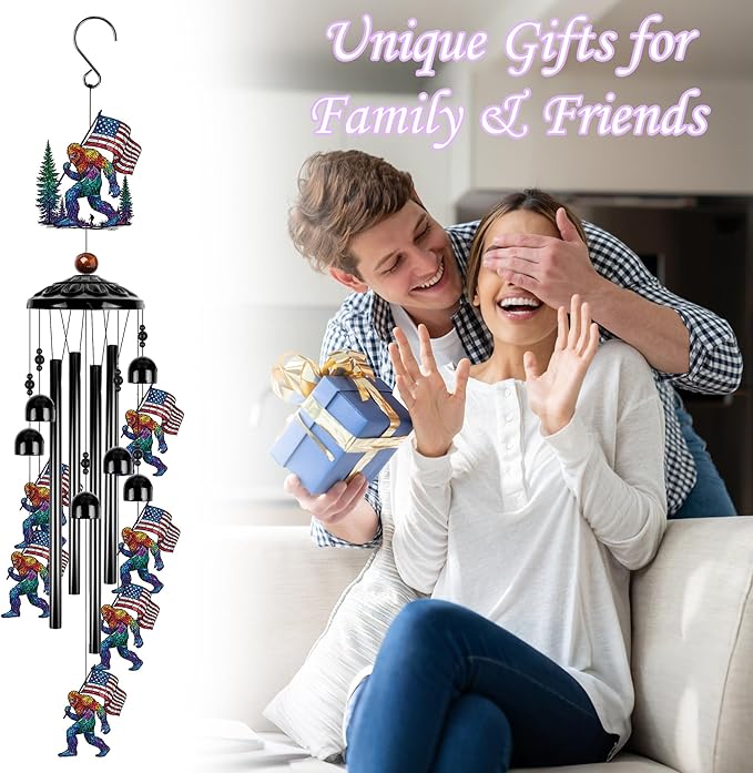Fathers Day Big Foot Sasquatch Gifts, Sasquatch Patriotic American Flag Wind Chimes for Outside, Colorful Big Foot Outdoor Windchime for Home Garden Patio Porch Yard Decor