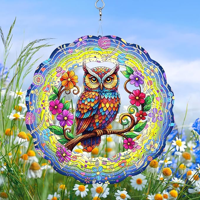 Owl Wind Spinner, 3D Hanging Stainless Steel Garden Spinner, Wind Spinner Hanging for Outdoor & Indoor Décor, Unique Gifts for Yard Garden Decoration or Patio Décor (Owl)