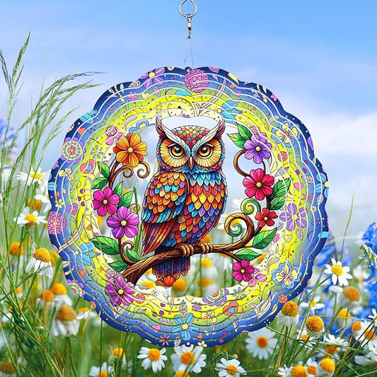 Owl Wind Spinner, 3D Hanging Stainless Steel Garden Spinner, Wind Spinner Hanging for Outdoor & Indoor Décor, Unique Gifts for Yard Garden Decoration or Patio Décor (Owl)
