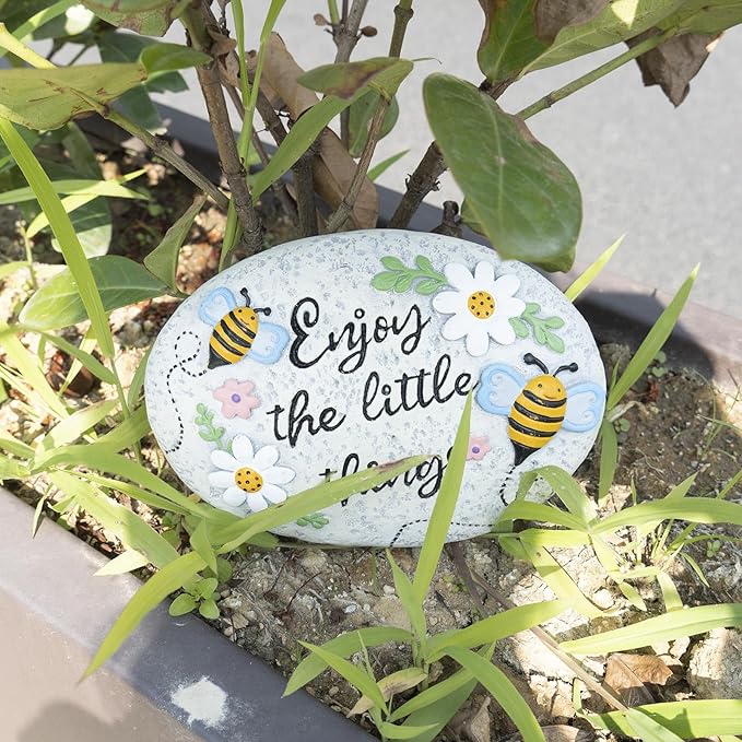 Spring Decorative Garden Stones Outdoor, 6x4.1In Enjoy The Little Things Bee Stone with White Flower, Concrete Stepping Stones for Walkway Pathway Yard Outside
