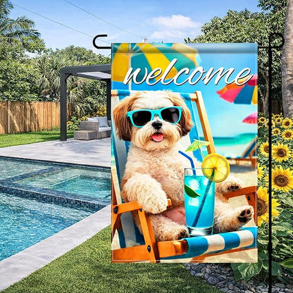 BlissYard Welcome Summer Shih Tzu Garden Flag 12x18 Double Sided Vertical Outdoor Decor Beach Chair Dog Yard Lawn Patio Tropical Poolside Banner