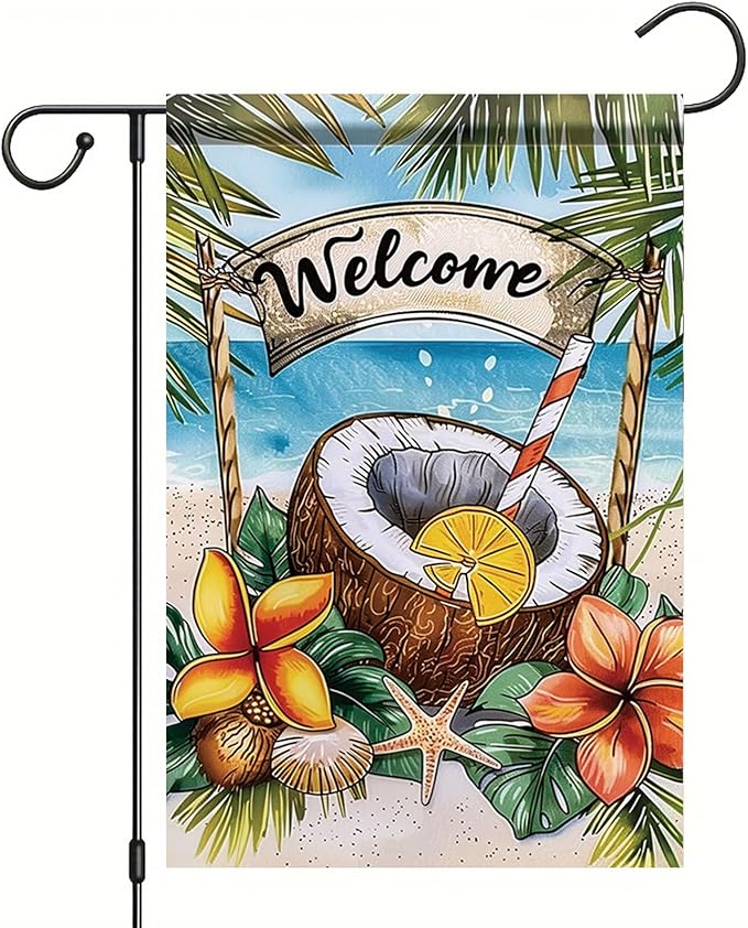 Welcome Coconut Drink Garden Flag Tropical Beach Palm Leaves Ocean Outdoor Yard Porch Lawn Garden Decor for Summer Seaside Patio Coastal Farmhouse Seasonal Home Display