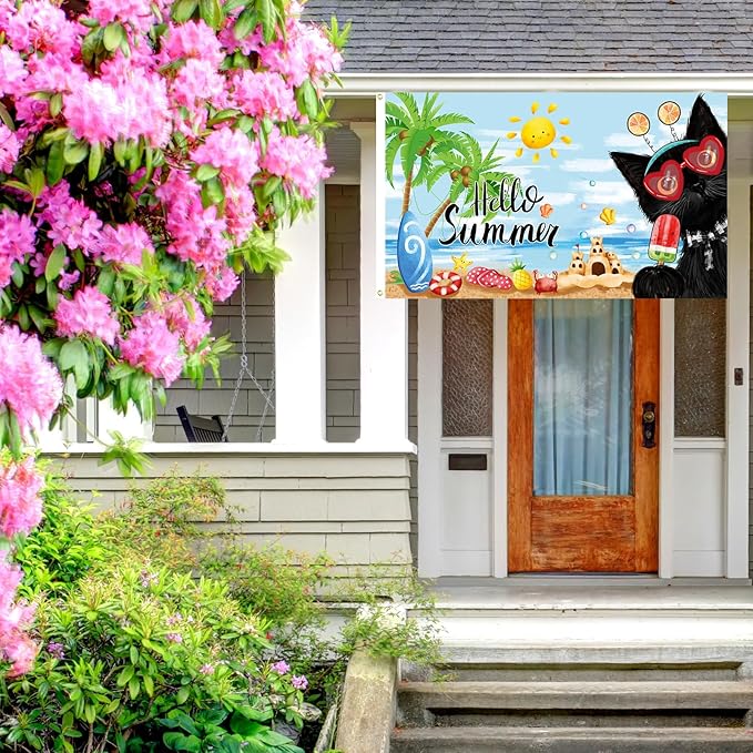 SENSEVEN Black Cat Summer Flags for Outside 3x5 Ft, Coconut Tree Popsicle Seasonal Yard Flag, Cute Kitten Beach Coastal Flag Hello Summer Welcome Outdoor Banner for Porch Farmhouse Decor