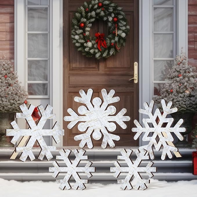 Yuntau 5 Pcs Large Winter Rustic Wooden Snowflake Decorations - Christmas Snowflakes Porch Standing Xmas Yard Signs for Front Door Garden Yard Patio