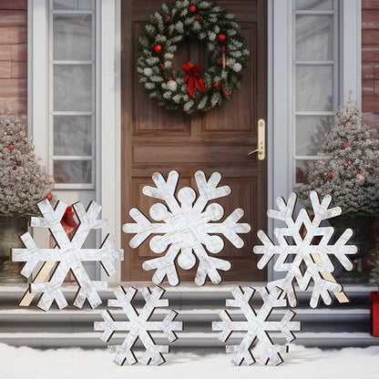 Yuntau 5 Pcs Large Winter Rustic Wooden Snowflake Decorations - Christmas Snowflakes Porch Standing Xmas Yard Signs for Front Door Garden Yard Patio