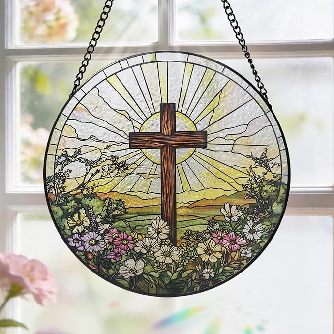 Stained Glass Window Hanging, 8 Inch Cross Wildflowers Suncatcher, Christian Sun Catchers Indoor Window, Floral Cross Religious Home Garden Decor Glass Panel, Easter Faith Christian Gifts for Women