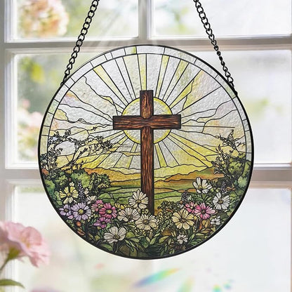 Stained Glass Window Hanging, 8 Inch Cross Wildflowers Suncatcher, Christian Sun Catchers Indoor Window, Floral Cross Religious Home Garden Decor Glass Panel, Easter Faith Christian Gifts for Women