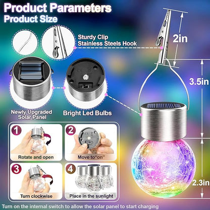 Solar Hanging Lanterns Outdoor: 12 Pack Cracked Glass Ball Lights with Clip - Waterproof Color Changing Globe Decorative Garden Tree Fence - Gardening Holiday Gifts for Women