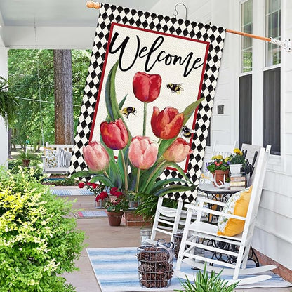Baccessor Spring Easter Tulip Welcome House Flag 28 x 40 Inch Double Sided Burlap Spring Flowers Floral Buffalo Plaid Large Yard Flag Summer Holiday Seasonal Outdoor Outside Decoration