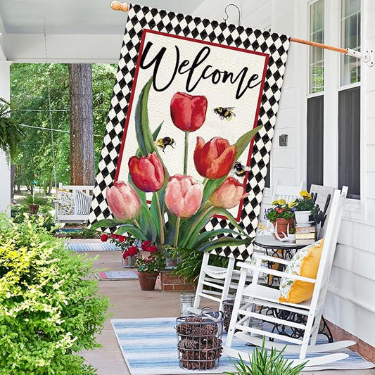 Baccessor Spring Easter Tulip Welcome House Flag 28 x 40 Inch Double Sided Burlap Spring Flowers Floral Buffalo Plaid Large Yard Flag Summer Holiday Seasonal Outdoor Outside Decoration