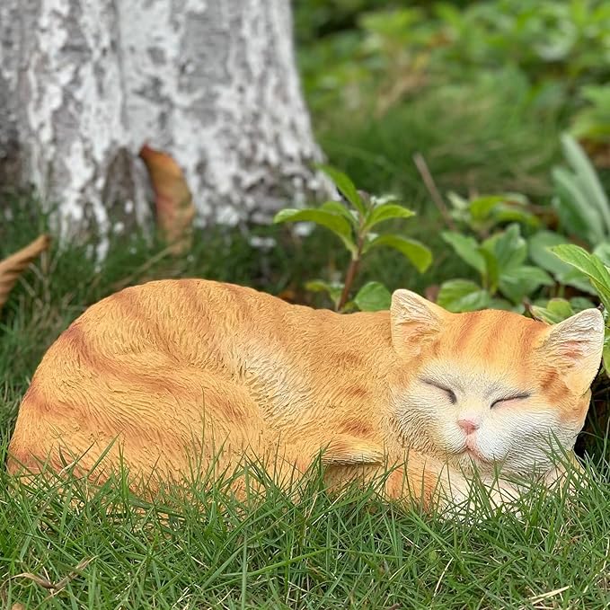 Garden Decor Cat Statue Outdoor, Figurines & Sculpture Decoration, Sleeping Cat Decor for Patio, Porch and Lawn, Gifts for Mom, Memorial Stone