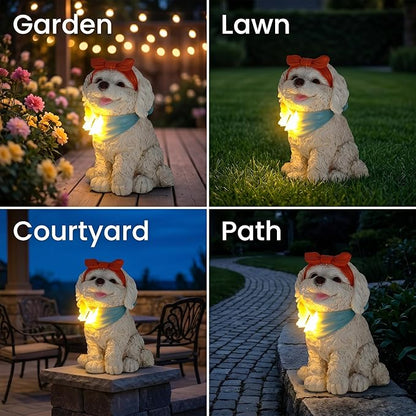 Solar Garden Poodle Statue, Detachable Ground Stake, White Resin Puppy with LED Butterfly and Blue Scarf, Waterproof Yard Decor for Patio, Lawn, Porch, Pathway, and Gift Giving