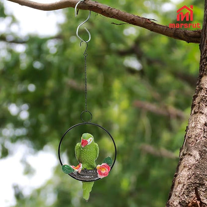 1PC Hanging Parrots for Patio Decor Outdoor, Perching On Branch Bird Figurine Statue, Metal Tropical Animal Model Sculpture with Round Ring for Nature Lovers DIY Lawn Natural Garden Tree Patio Home