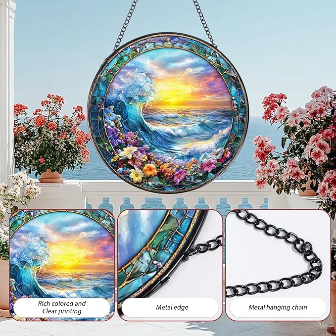 Rngmsi Stained Glass Window Hanging, 7.8″ Clouds and Sea Waves Sun Catchers with Hook Indoor Window Decor, Decorative Suncatchers Hanging Ornaments Home Garden Art Gift for Housewarming