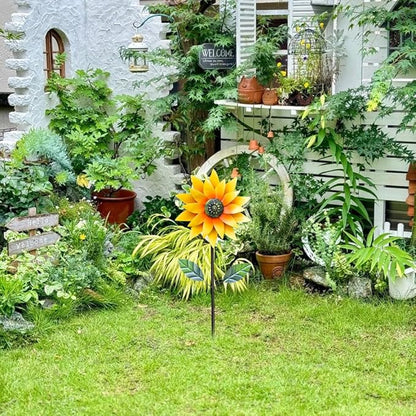 Metal Sunflower Wind Spinner,45 in Double Layer Sun Flower Windmill with Green Leaves and Stake,360° Rotating Sunflower Decor Wind Pinwheel Sculpture for Garden Yard Patio Lawn Decor (Yellow)