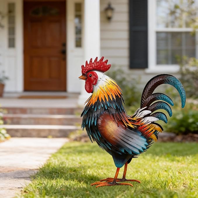 Ratuor Rooster Garden Statue Sculpture Metal Chicken Yard Decor Outdoor Figurines Patio Backyard Decoration (Yellow)