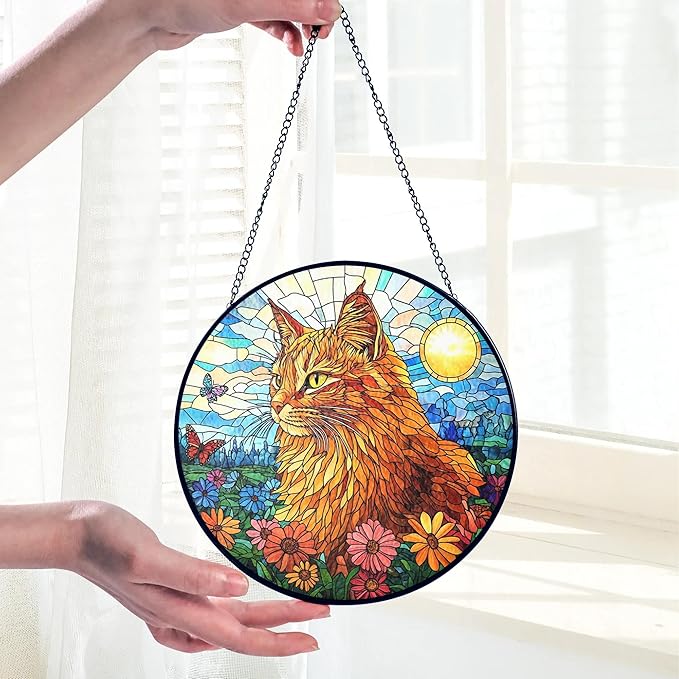 Orange Cat Stained Glass Suncatcher - Orange Cat Lovers Gifts Window Hanging Garden Decor, Memorial Pet Loss Sympathy Ornament, Christmas, Birthday, for Grandma, Friends, Mom, Women