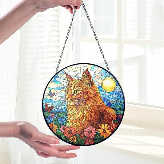 Orange Cat Stained Glass Suncatcher - Orange Cat Lovers Gifts Window Hanging Garden Decor, Memorial Pet Loss Sympathy Ornament, Christmas, Birthday, for Grandma, Friends, Mom, Women