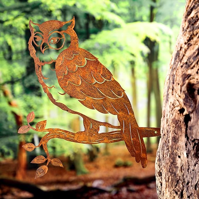 DoubleFill Rustic Copper Metal Owl Statue Outdoor Garden Decor Weather Resistant Rusty Metal Wall Art for Patio Lawn and Backyard Sculpture Gift