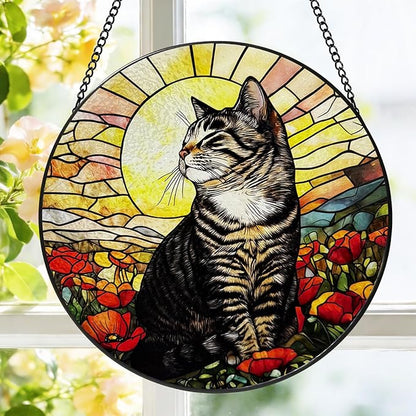 Stained Glass Window Hanging, 8 Inch Tabby Cat Suncatcher, Sun Catchers Indoor Window Ornaments, Suncatchers for Windows Hanging, Spring Home Garden Decor Panel Cat Lovers Gifts for Mom Grandma Wife